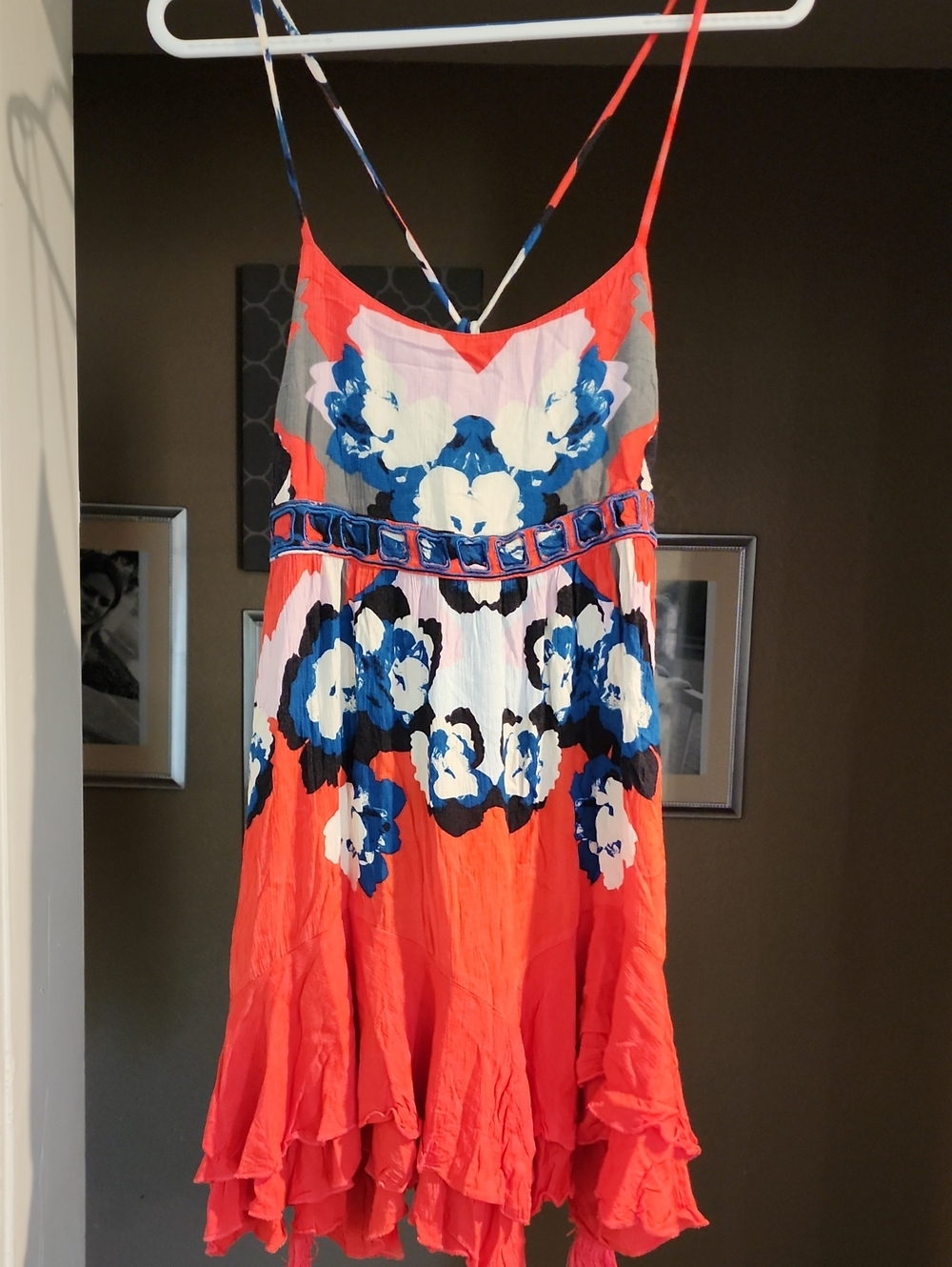 Free People Coral Mini Dress with Blue & White Floral Print